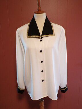TESS Women’s Retro Long Sleeve Button-Down Blouse Cream/Black w/ Gold Trim Sz 12